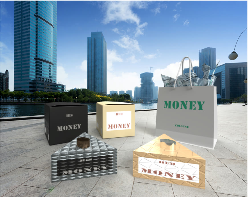 Packaging de MONEY: caja, envase triangular y bolsa